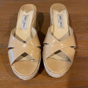 Jimmy Choo Paisley Neutral patent Wedge Espadrille Heel Slides Size 40.5 US 10.5